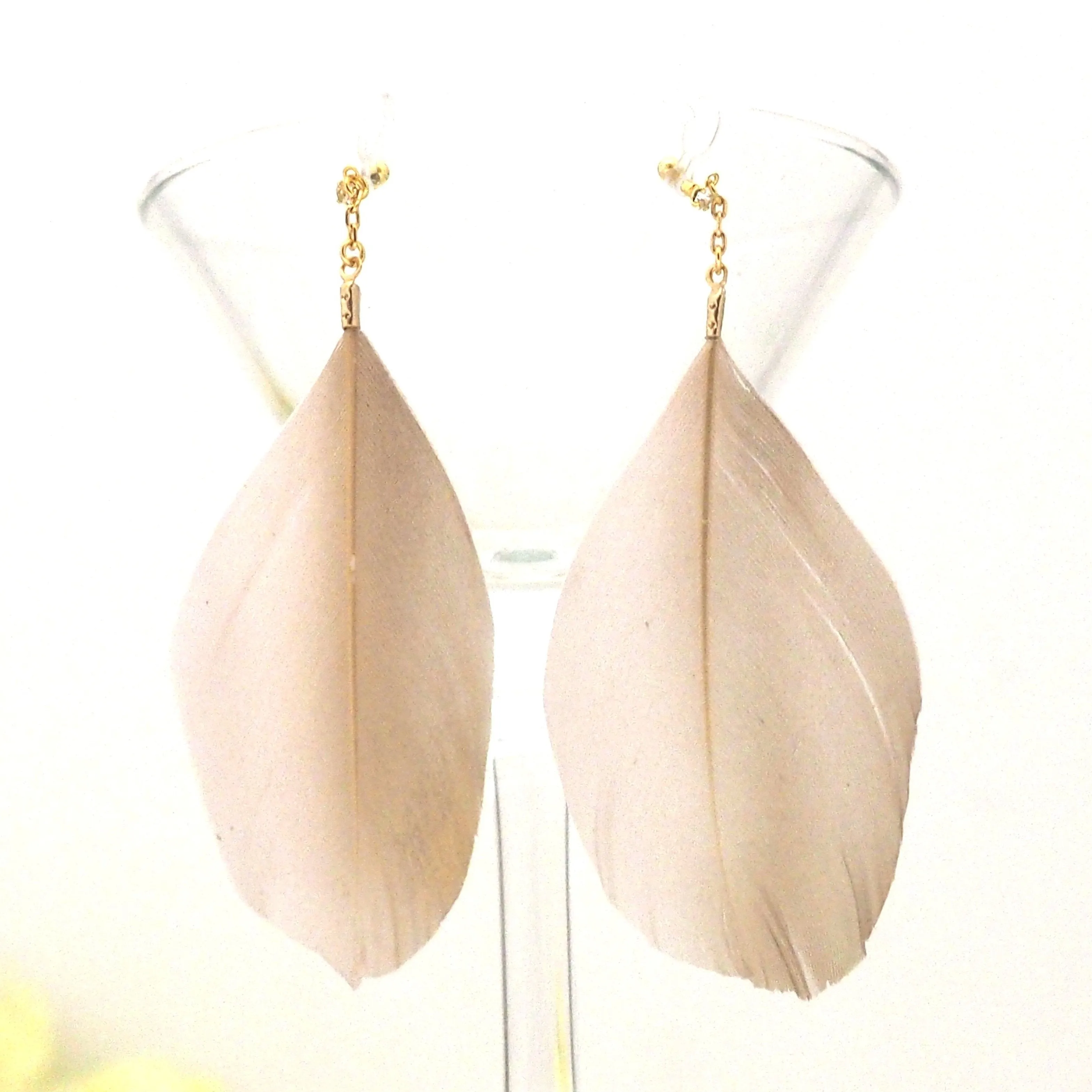 Gold painted pink feather invisible clip on earrings