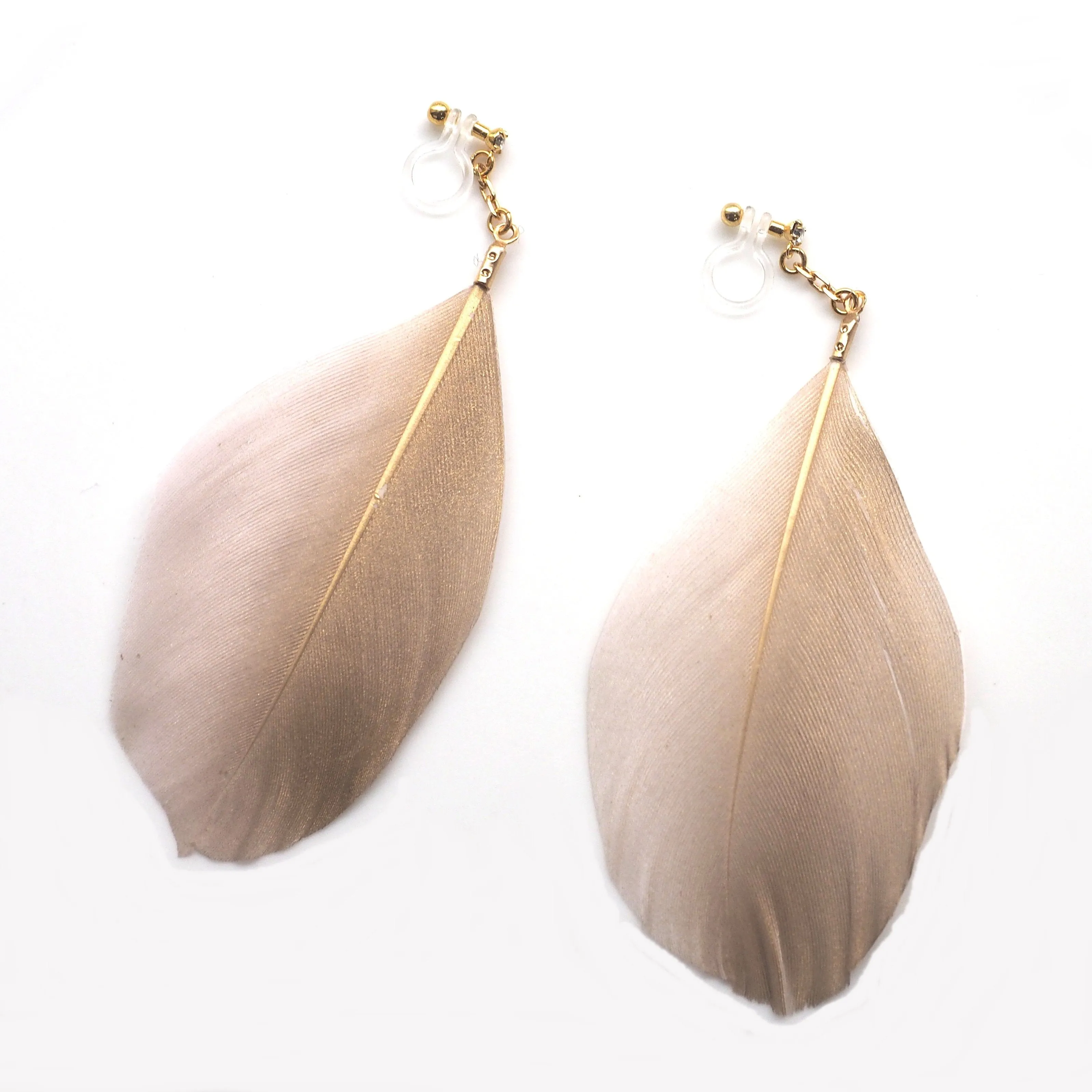 Gold painted pink feather invisible clip on earrings