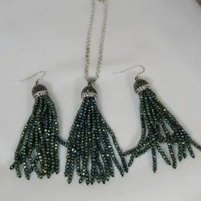 Green Crystal Tassel Pendant Necklace  & Earrings