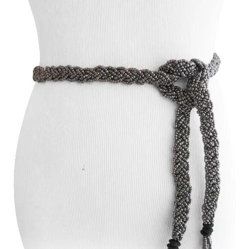 Gun Metal Braid Beaded Tassel Belt with Natural Wood Buckle