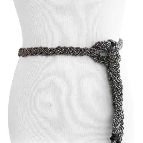 Gun Metal Braid Beaded Tassel Belt with Natural Wood Buckle