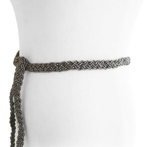 Gun Metal Braid Beaded Tassel Belt with Natural Wood Buckle