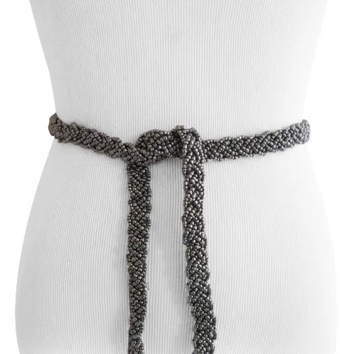 Gun Metal Braid Beaded Tassel Belt with Natural Wood Buckle