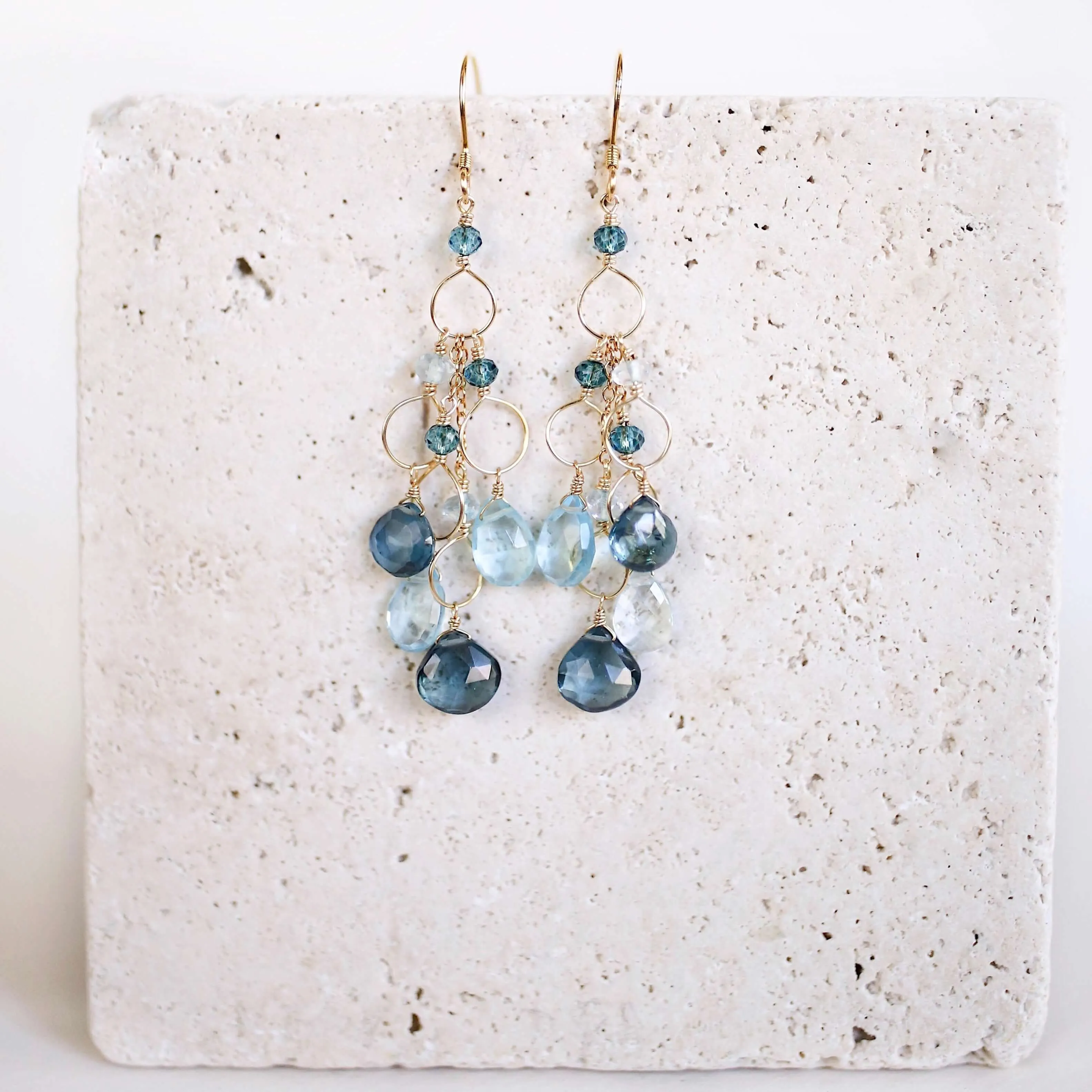 Iolite & Aquamarine Gold Waterfall Earrings