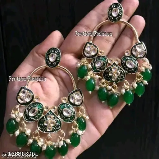 Jeweriche Imitation Beautiful Chandelier Earrings for Girls &amp; Women (Paan Meena-Green) | Gold-Plated with Kundan Stones