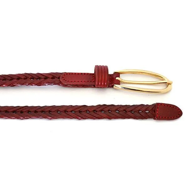 KELLY - Womens Red Plaited Skinny Leather Belt with Gold Oval Buckle