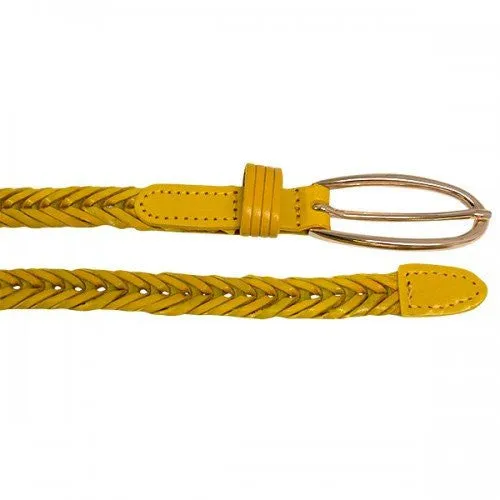 KELLY - Womens Skinny Yellow Plaited Leather Belt with Gold Oval Buckle