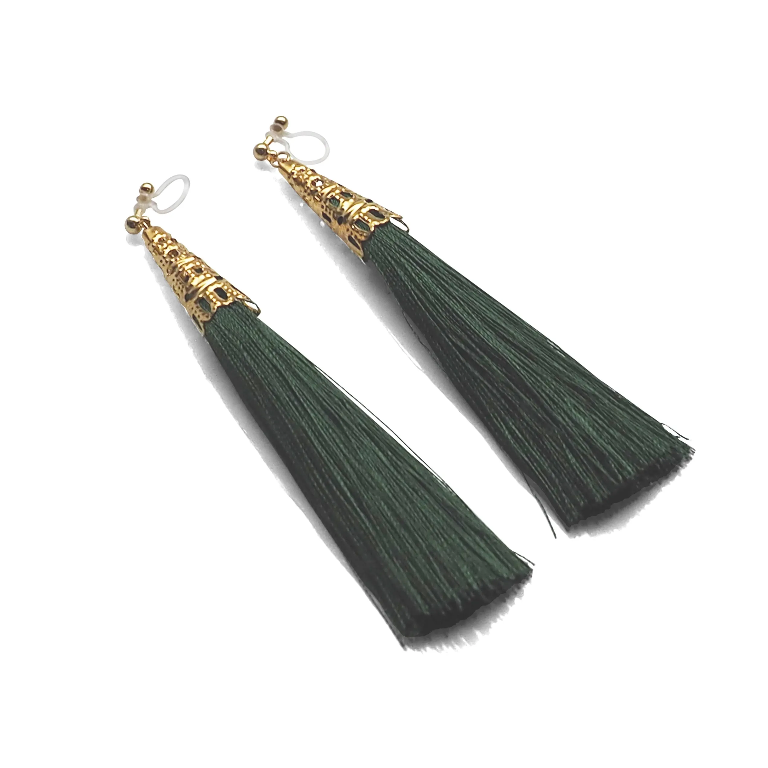 Long Green Tassel Invisible Clip On Earrings