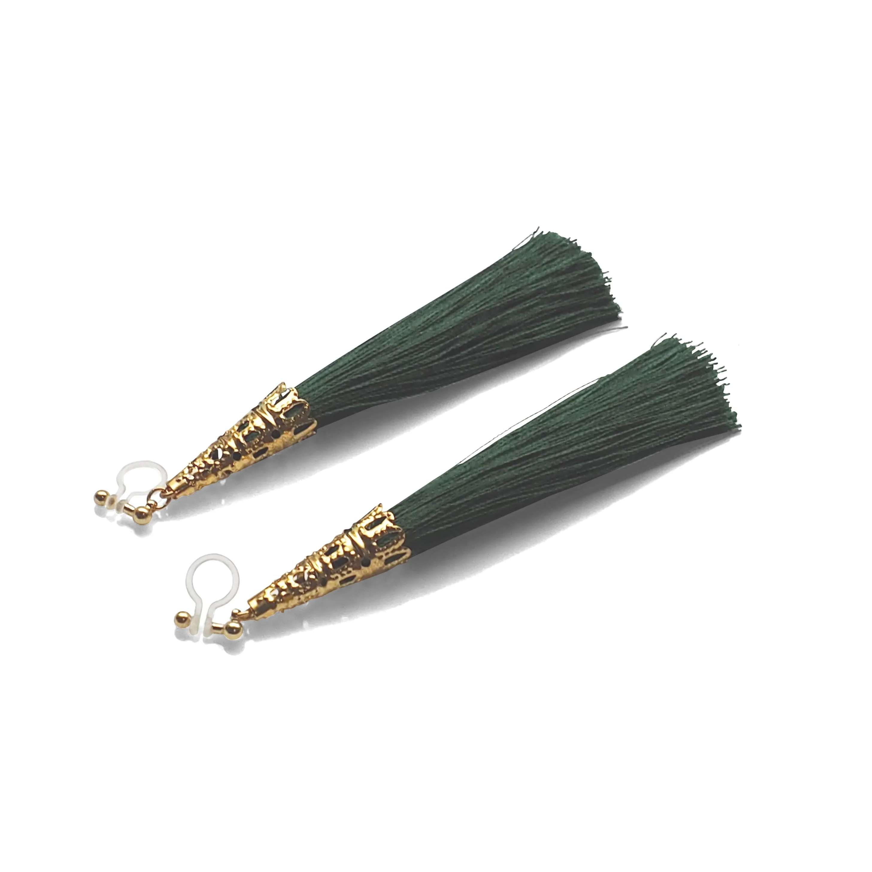 Long Green Tassel Invisible Clip On Earrings