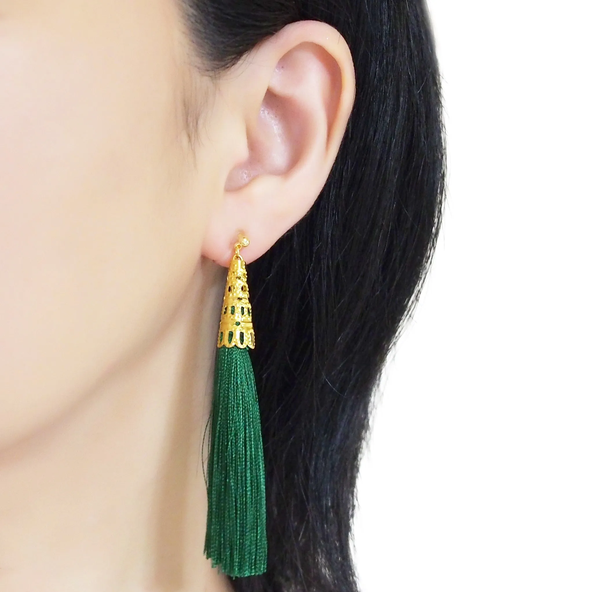 Long Green Tassel Invisible Clip On Earrings