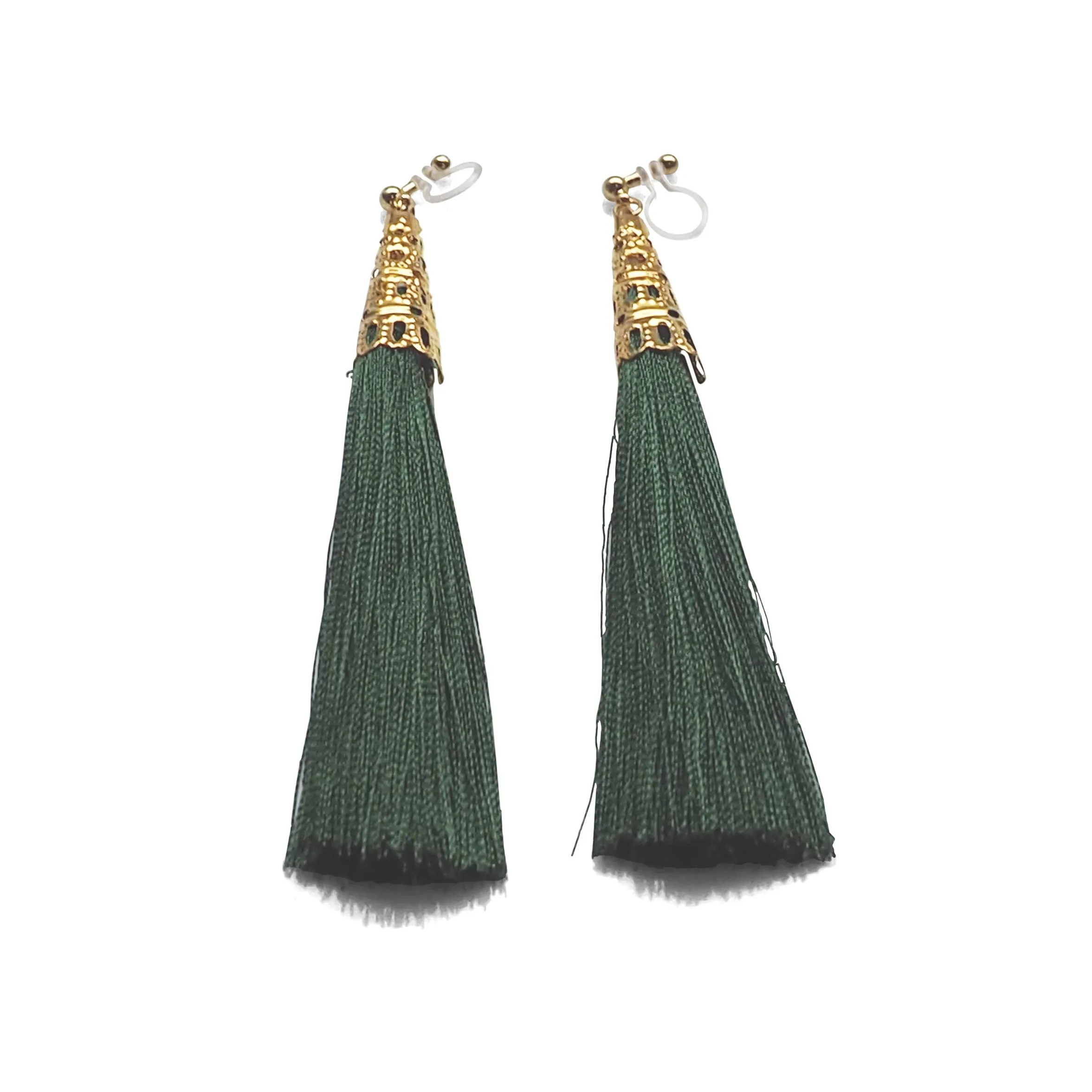 Long Green Tassel Invisible Clip On Earrings