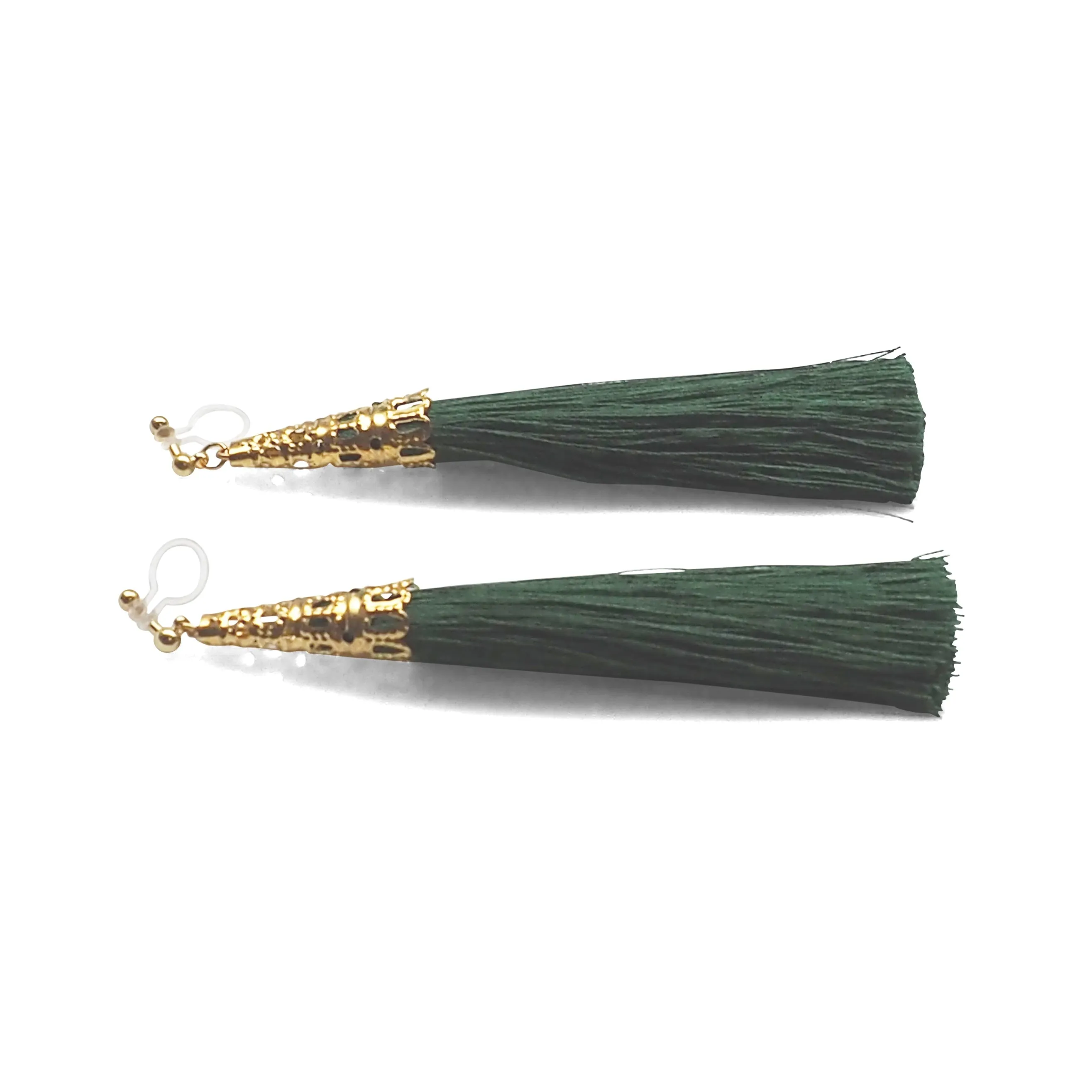 Long Green Tassel Invisible Clip On Earrings