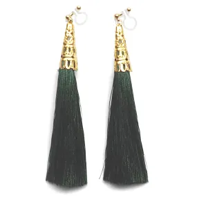 Long Green Tassel Invisible Clip On Earrings