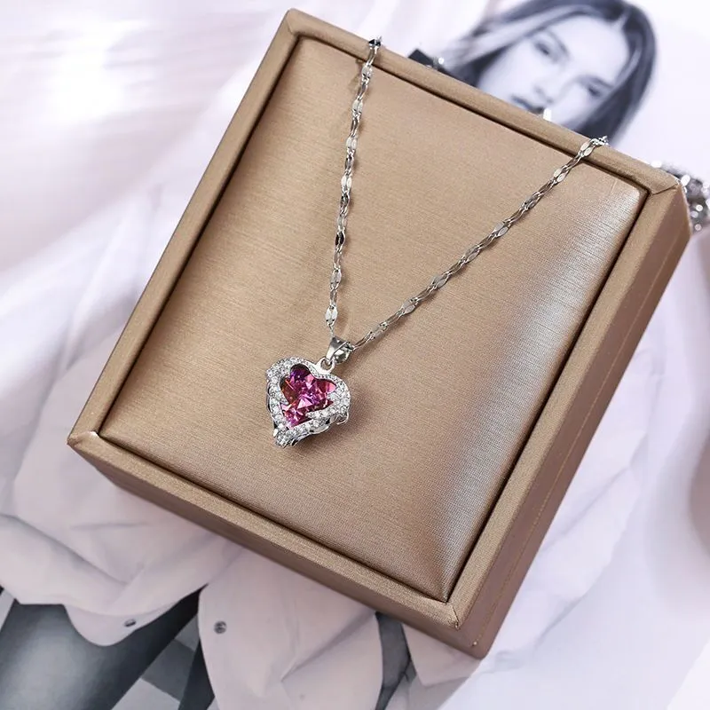 Luxury Zircon Crystal Heart Of Ocean Pendant Stainless Steel Necklace