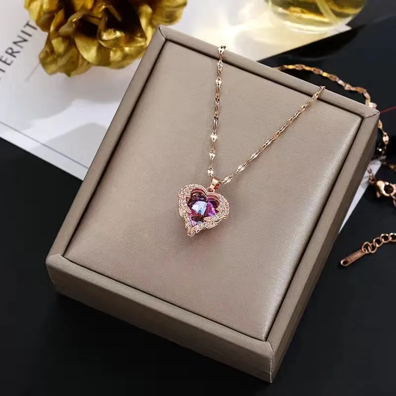 Luxury Zircon Crystal Heart Of Ocean Pendant Stainless Steel Necklace