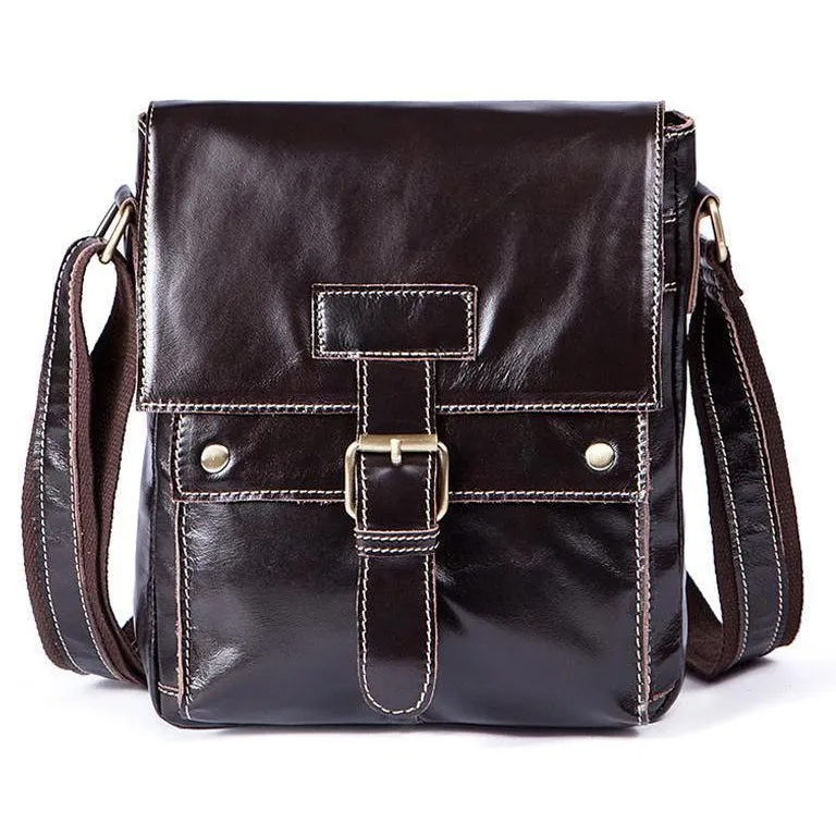 Men Genuine Leather Casual Solid Cross-body Messenger Bag with a Flap Belt Buckle Design