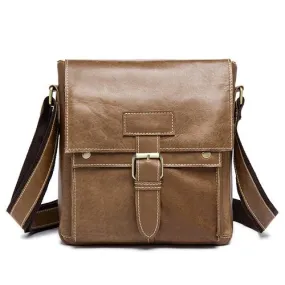 Men Genuine Leather Casual Solid Cross-body Messenger Bag with a Flap Belt Buckle Design