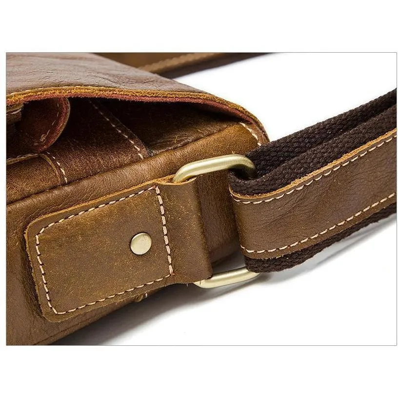 Men Genuine Leather Casual Solid Cross-body Messenger Bag with a Flap Belt Buckle Design