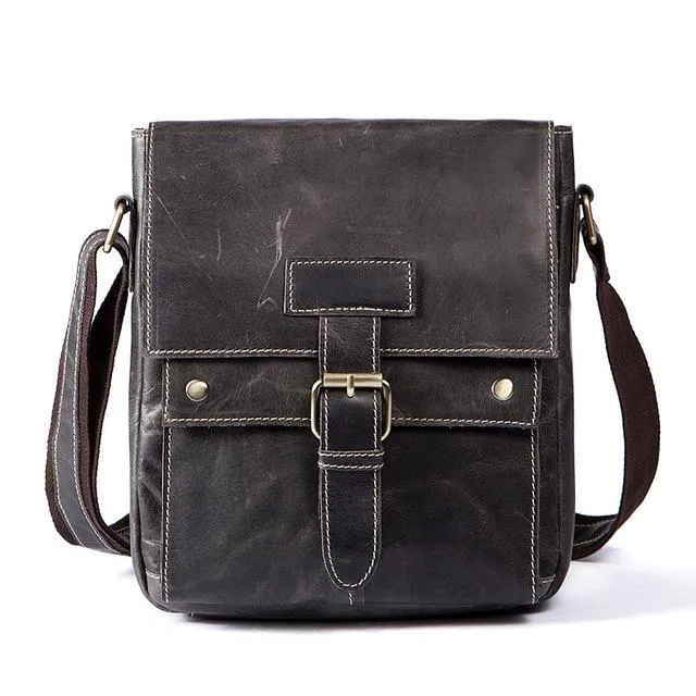 Men Genuine Leather Casual Solid Cross-body Messenger Bag with a Flap Belt Buckle Design