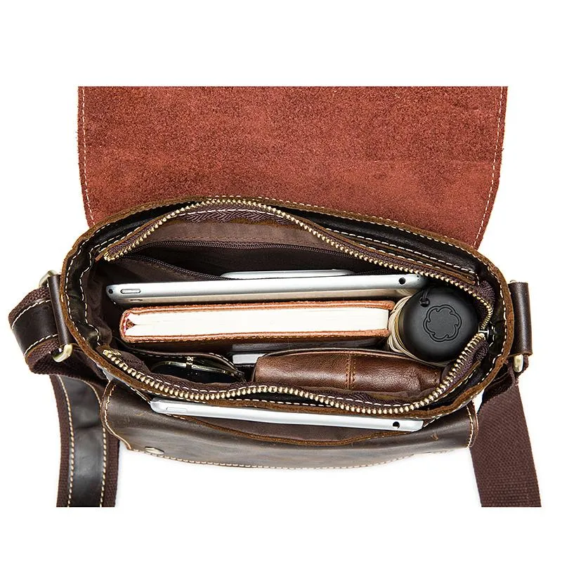 Men Genuine Leather Casual Solid Cross-body Messenger Bag with a Flap Belt Buckle Design