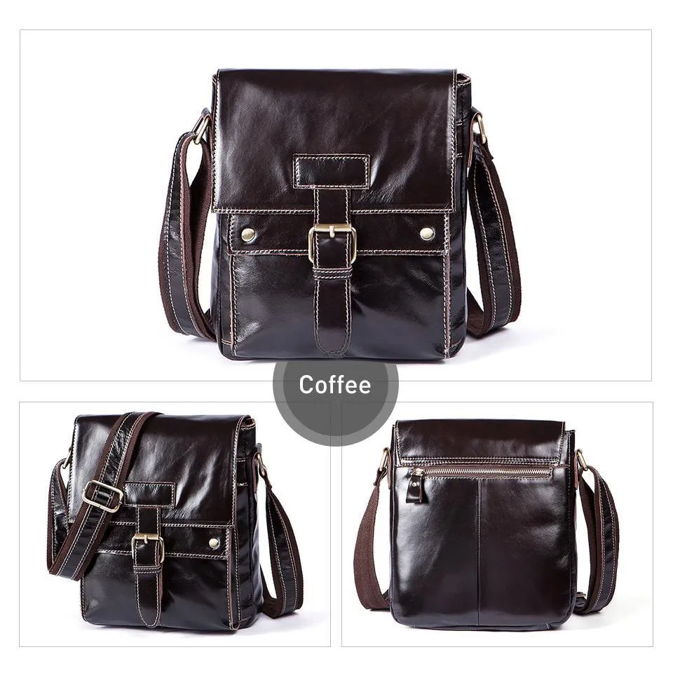 Men Genuine Leather Casual Solid Cross-body Messenger Bag with a Flap Belt Buckle Design