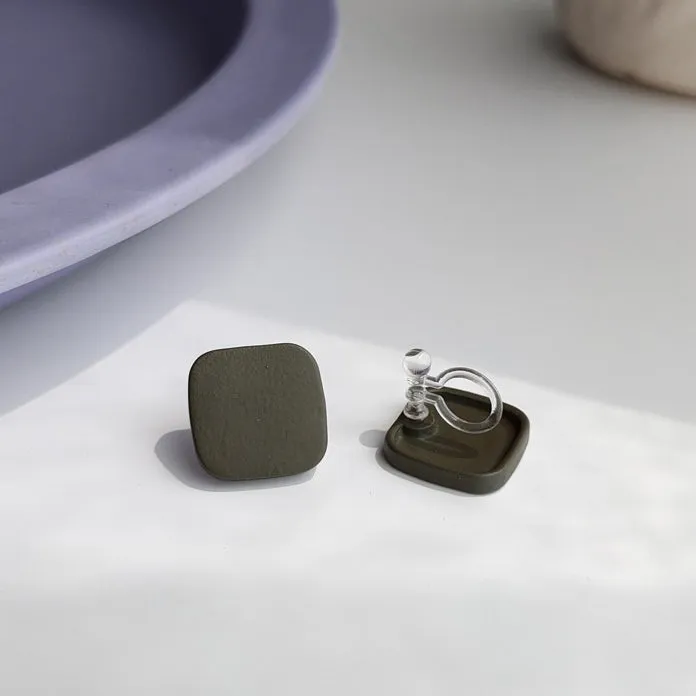 Minimal Square Moss Green Invisible Clip On Stud Earrings