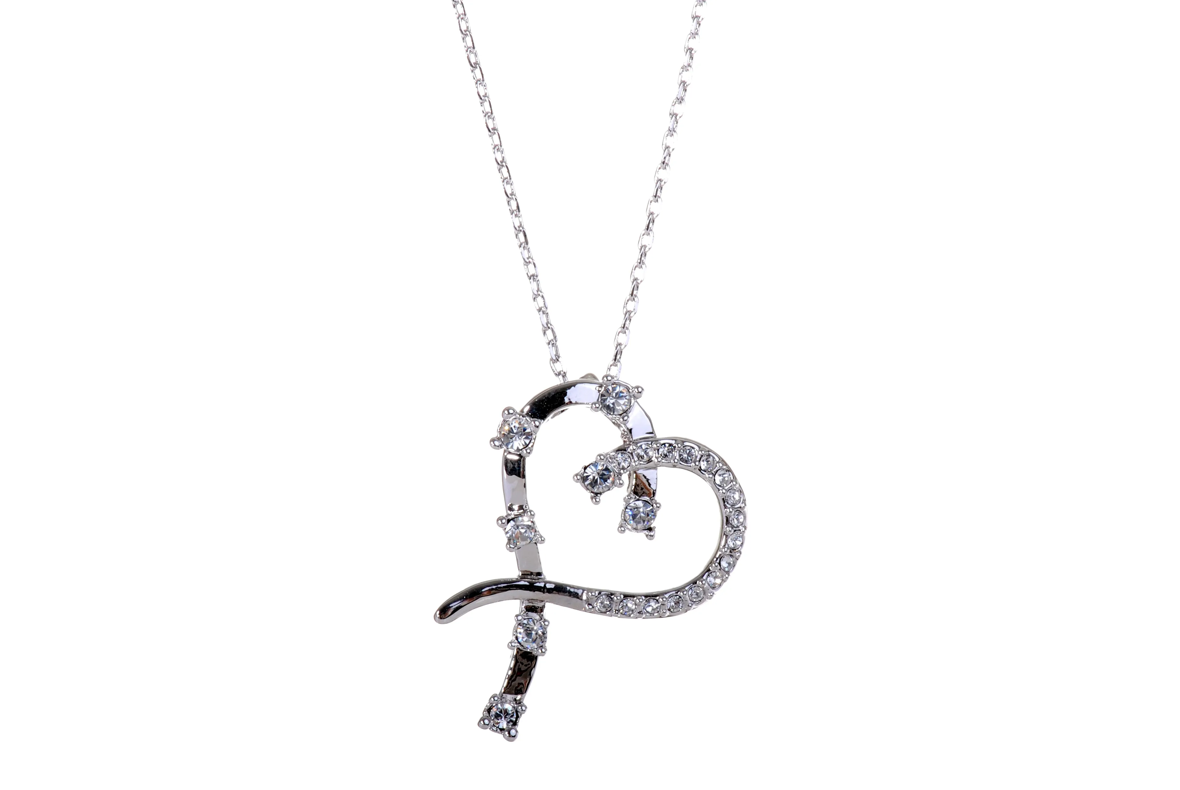 N7106 Ribbon Heart Swarovski Elements Rhodium Plated Pendant Necklace