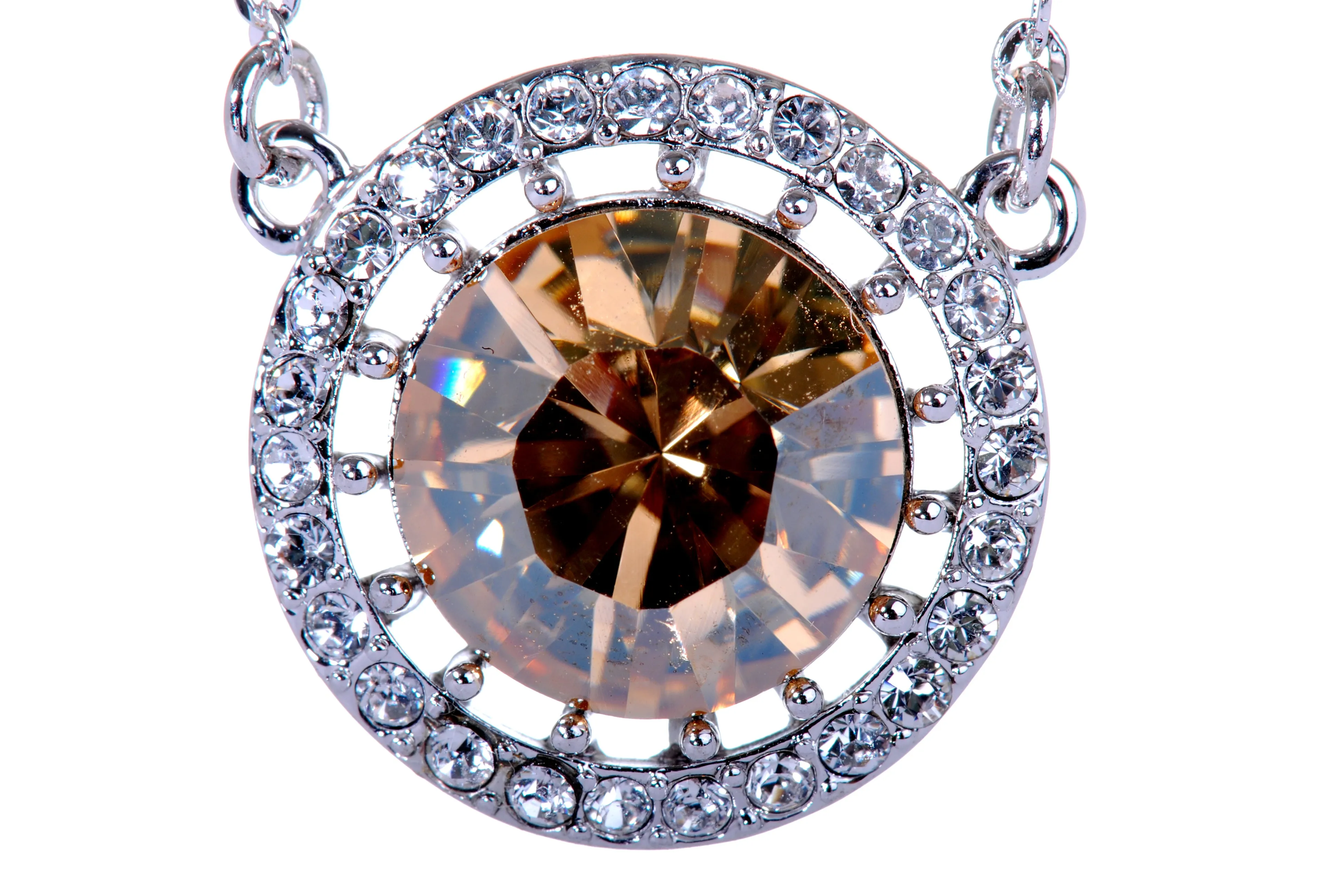 N7157 Glamorous Round Rhodium Plated Champagne Colored Swarovski Elements Crystal Pendant Necklace