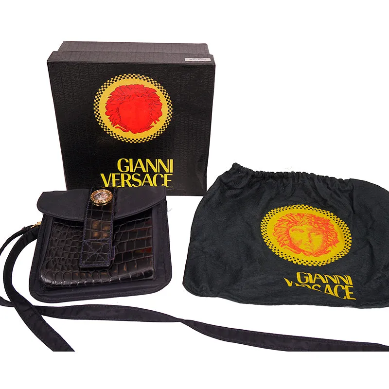 NEW 1990's GIANNI VERSACE Vintage Black Nylon MEDUSA Croc Embossed CROSSBODY BAG