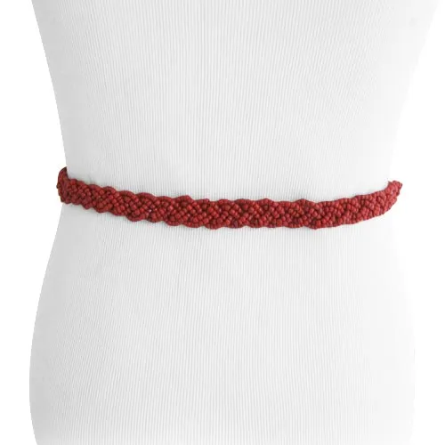 Red Coral Color Braid Beaded Women's Belt with Natural Wood Buckle