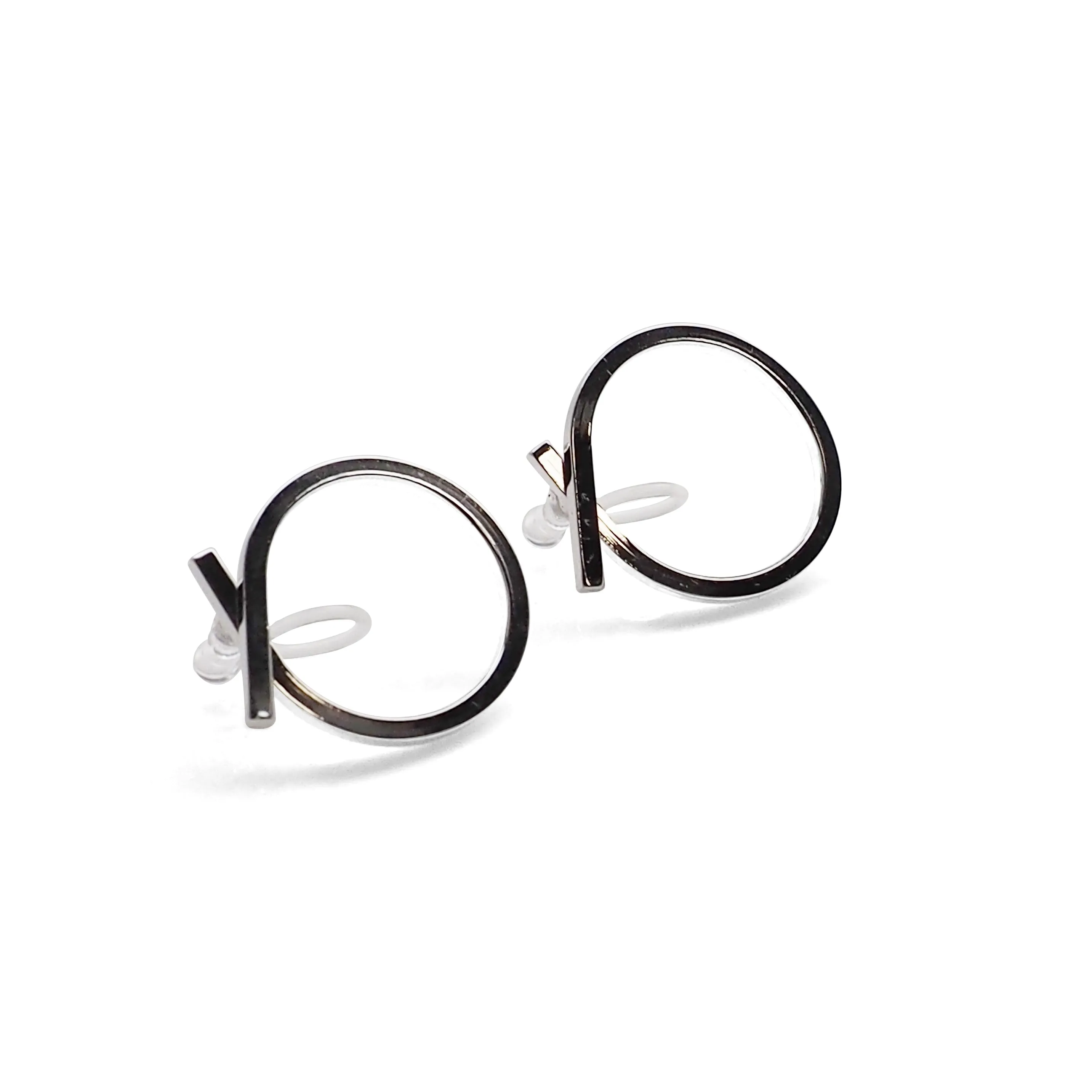 Ribbon Circle Hoop Invisible clip on stud earrings ( Silver tone )