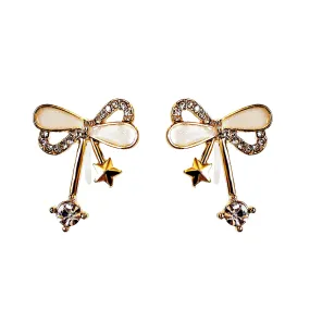 Ribbon Shaped Beige Crystal Rhinestone Bow Tie Invisible Clip On Stud Earrings