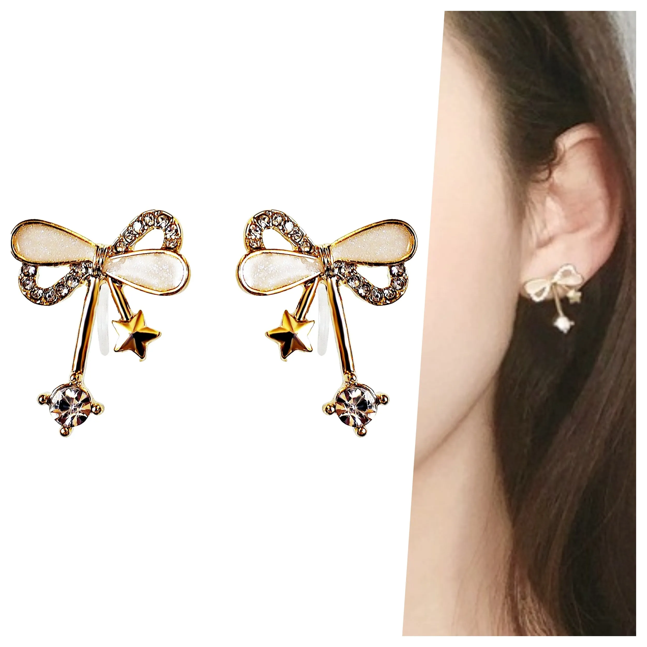 Ribbon Shaped Beige Crystal Rhinestone Bow Tie Invisible Clip On Stud Earrings