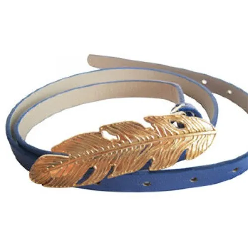 Royal Blue Skinny Waist Belt with Gold Feather Belt Buckle