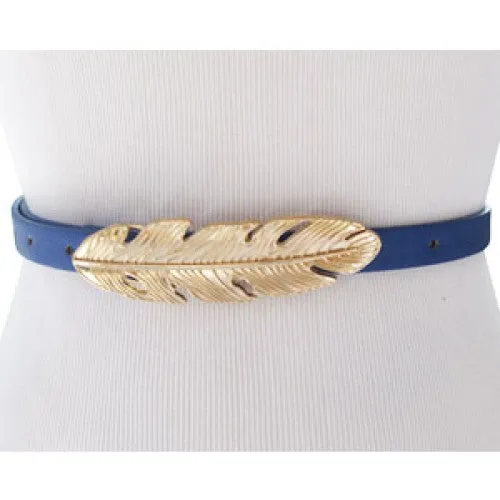 Royal Blue Skinny Waist Belt with Gold Feather Belt Buckle