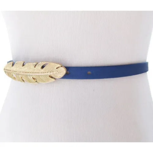 Royal Blue Skinny Waist Belt with Gold Feather Belt Buckle