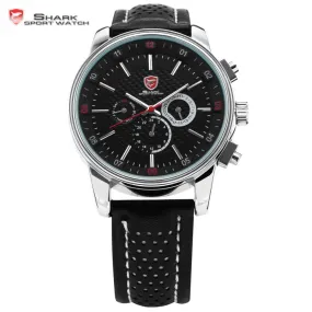 SHARK Sport Watch 6 Hands Clock Calendar Stainless Steel Case Black Leather Strap Relojes Men Quartz Wrist Tag Timepiece