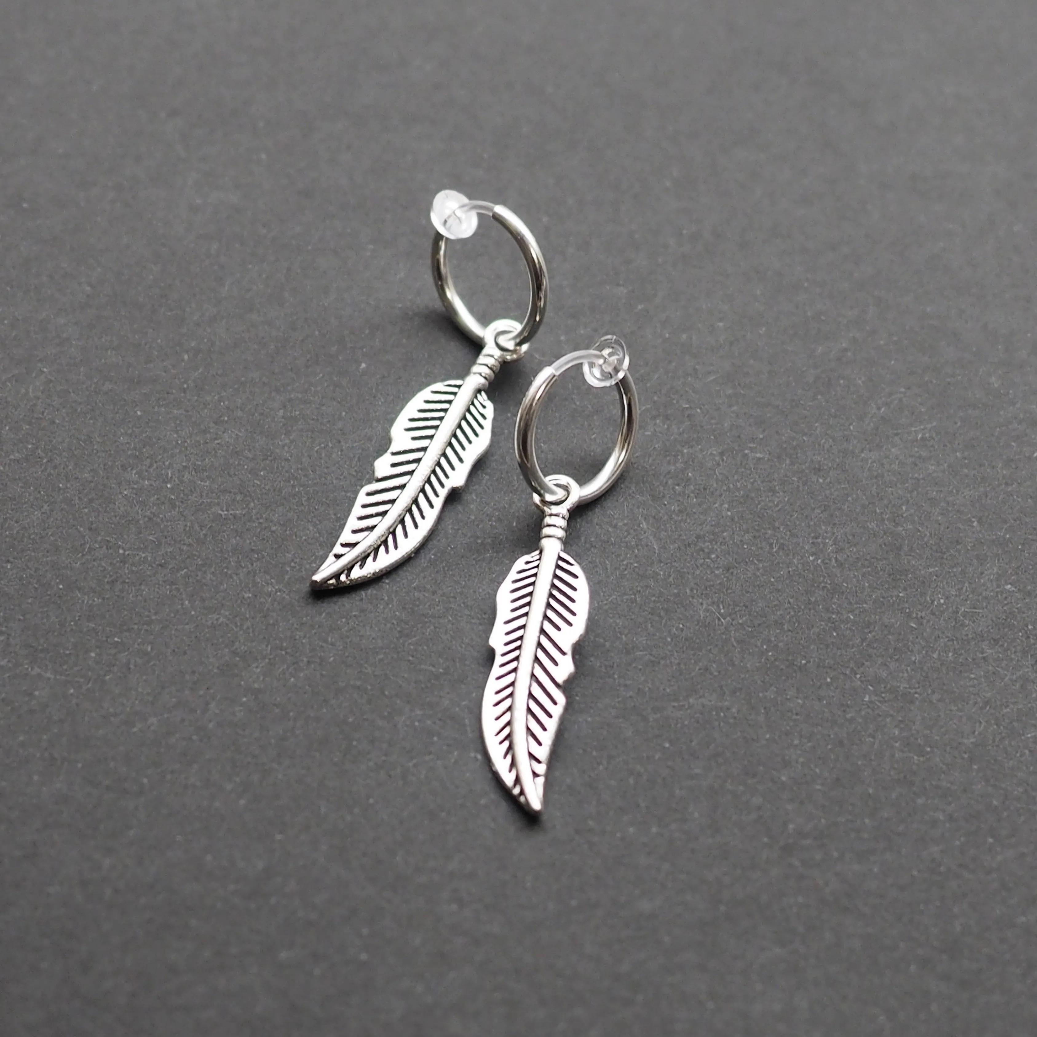 Silver Feather Resin Clip On Hoop Earrings