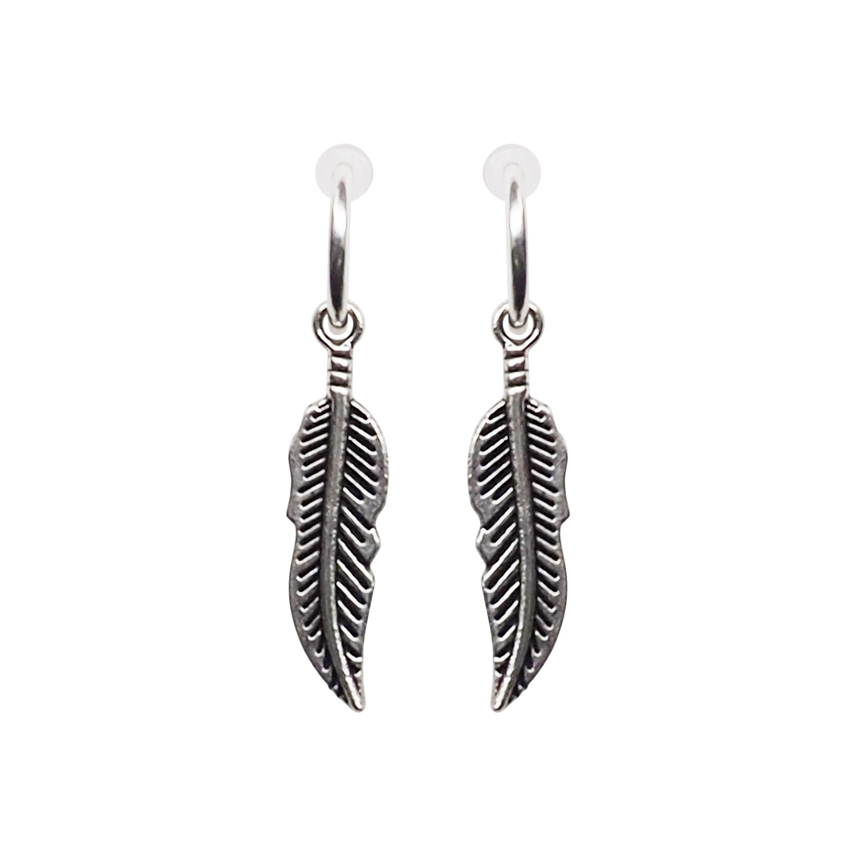 Silver Feather Resin Clip On Hoop Earrings