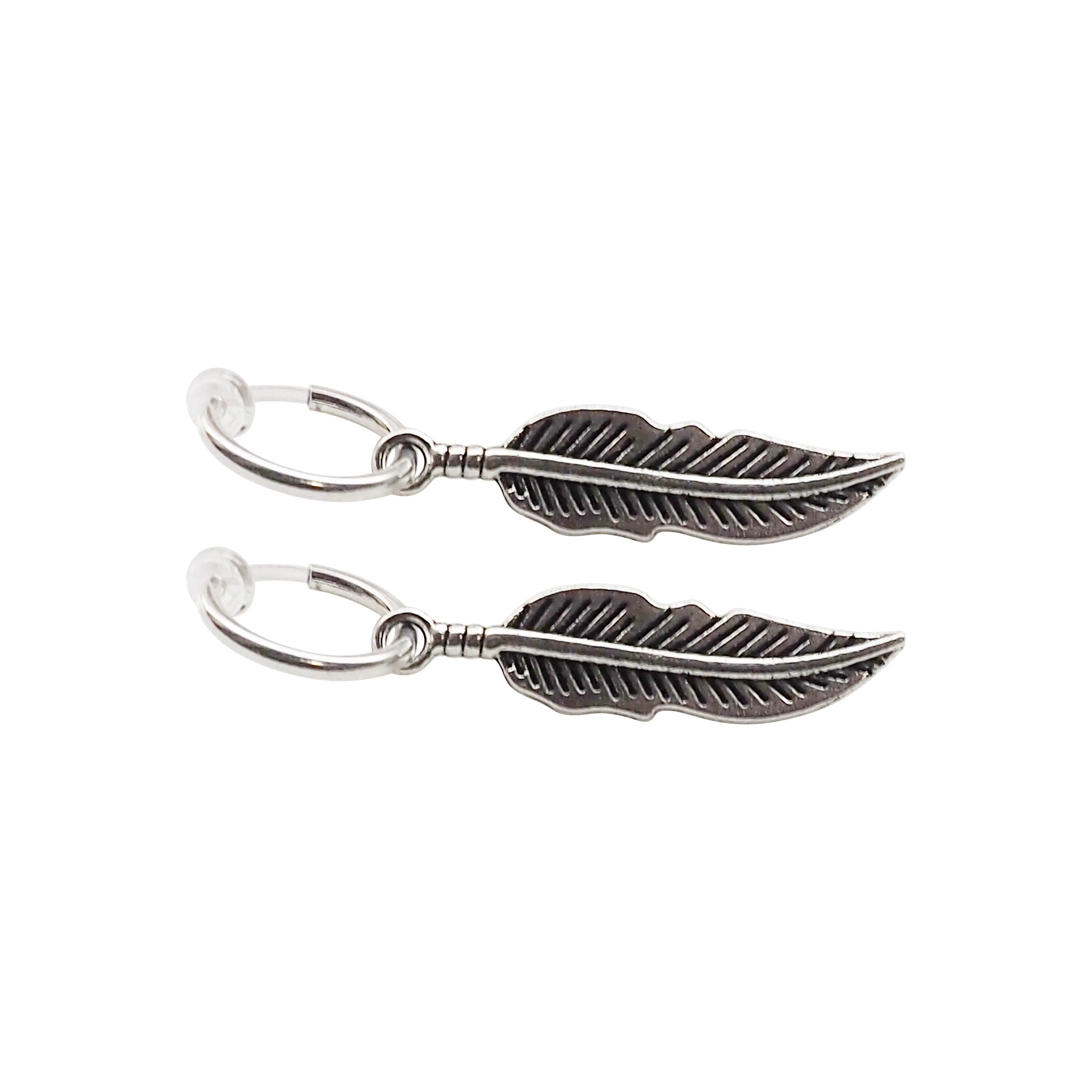 Silver Feather Resin Clip On Hoop Earrings