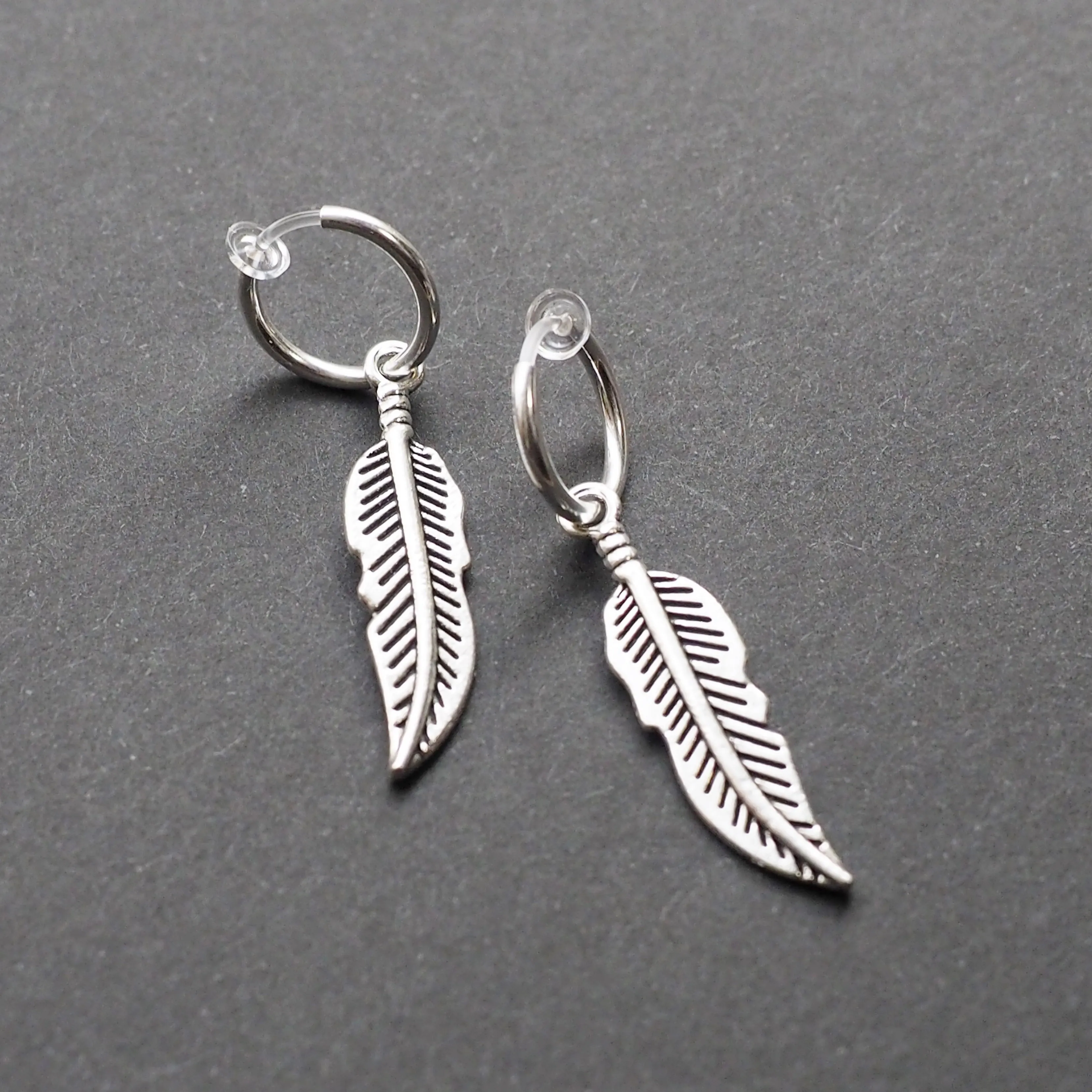 Silver Feather Resin Clip On Hoop Earrings