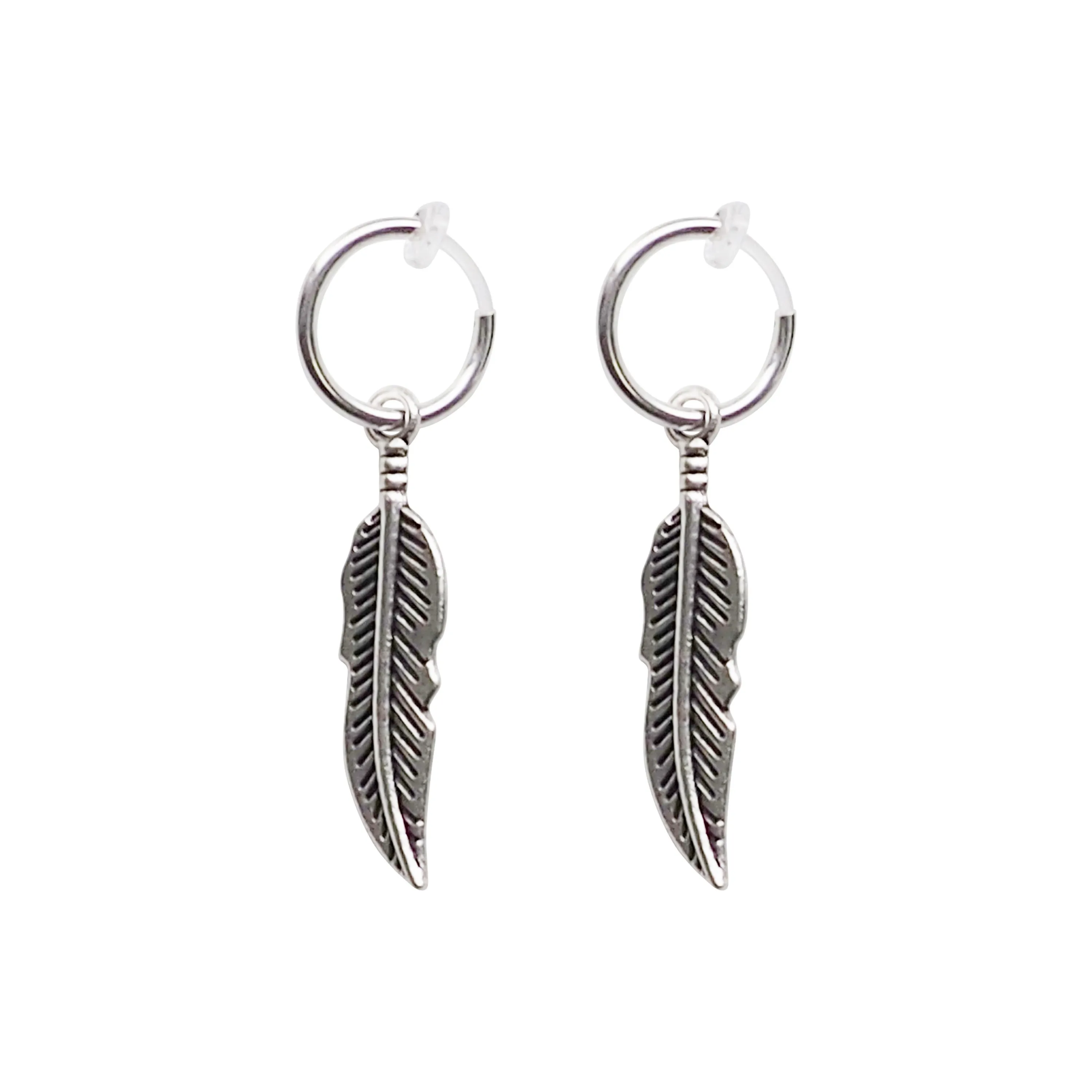 Silver Feather Resin Clip On Hoop Earrings