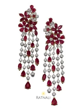 Simulated Diamond and Ruby cascading Chandelier Earrings