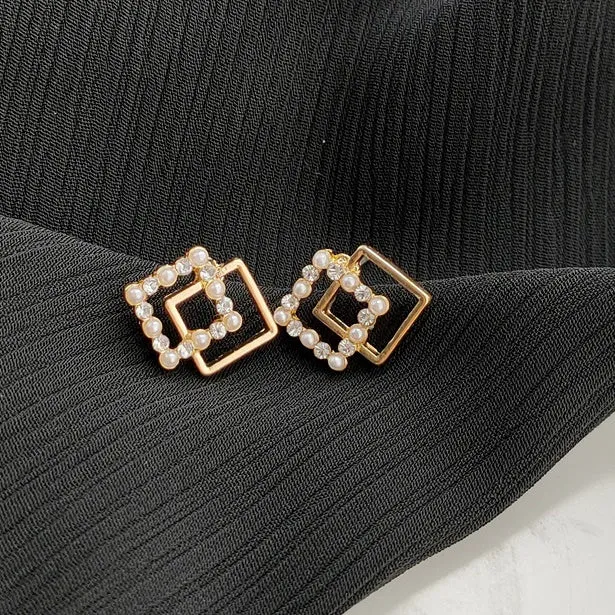 Square Clear Crystal Rhinestone White Pearl Invisible Clip On Stud Earrings