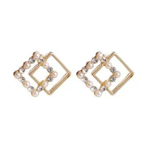 Square Clear Crystal Rhinestone White Pearl Invisible Clip On Stud Earrings