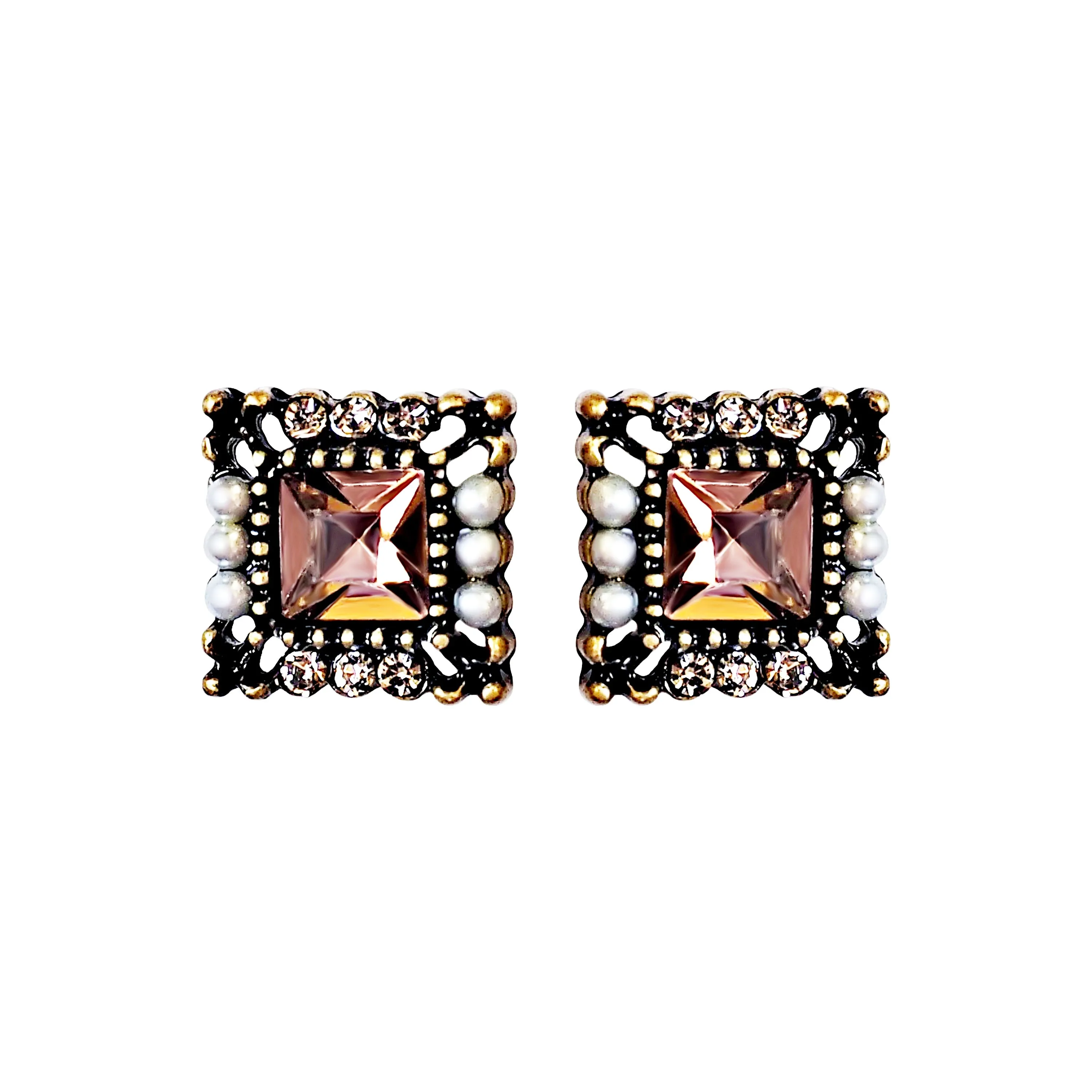 Square Pink Crystal Rhinestone Vinage Style Pearl Invisible Clip On Stud Earrings