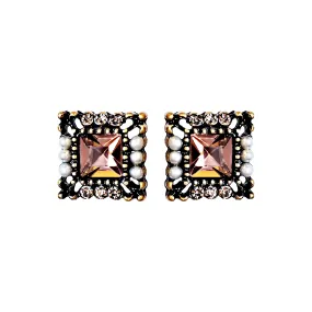 Square Pink Crystal Rhinestone Vinage Style Pearl Invisible Clip On Stud Earrings