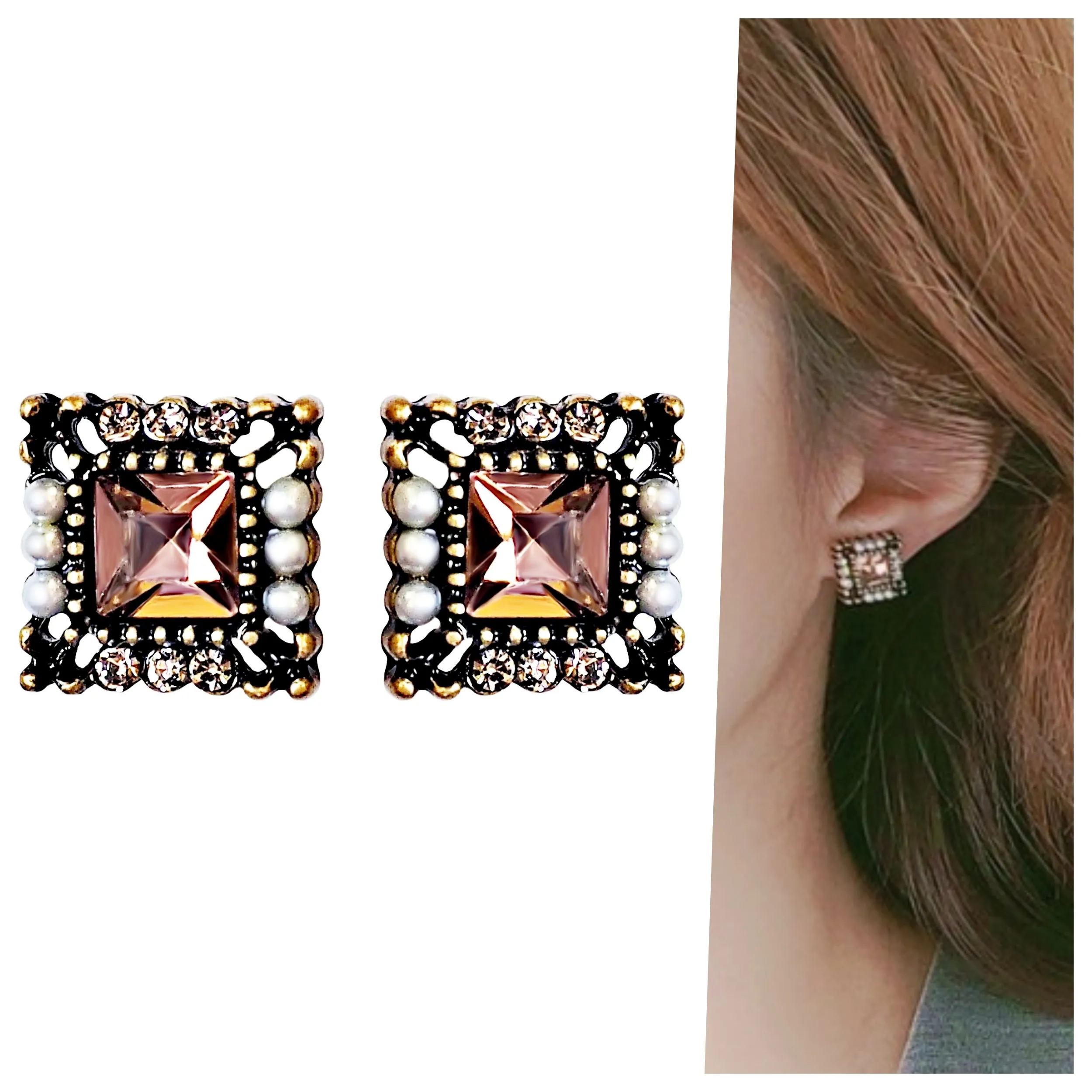 Square Pink Crystal Rhinestone Vinage Style Pearl Invisible Clip On Stud Earrings