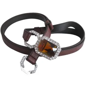 Thin Brown Faux Leather Belt with Rhinestone and Amber Stone Closure