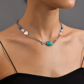 Turquoise & Faux Pearls Choker Necklace